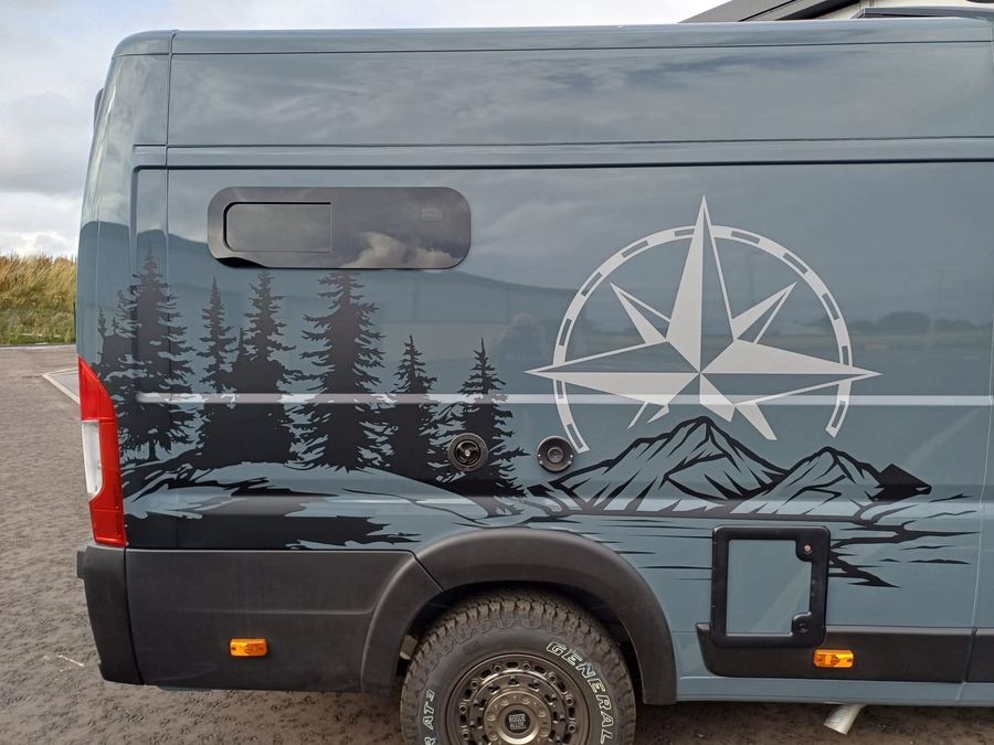Mountain and compass camper van conversion wrap
