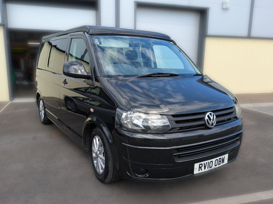 Black VW Transporter campervan front view