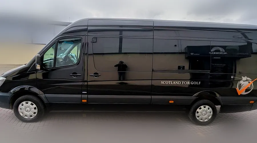 Scotland For Golf black Mercedes Sprinter van wrap, custom van wrapping in Fife