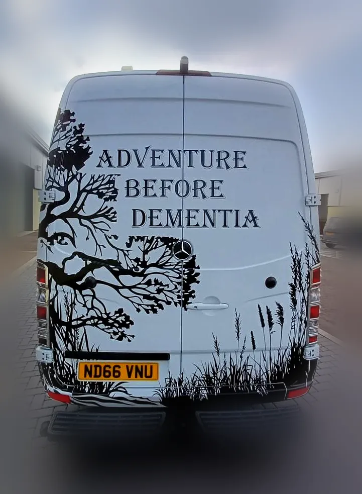 Adventure Before Dementia camper van rear design, custom van wrap Fife