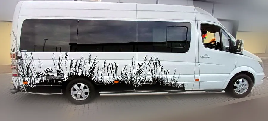 Minibus with grass and mushroom illustration wrap, vehicle wrapping Fife