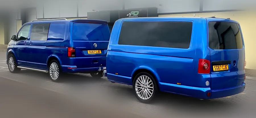 Blue VW Transporter with matching van-shaped trailer wrap, Fife vehicle wraps