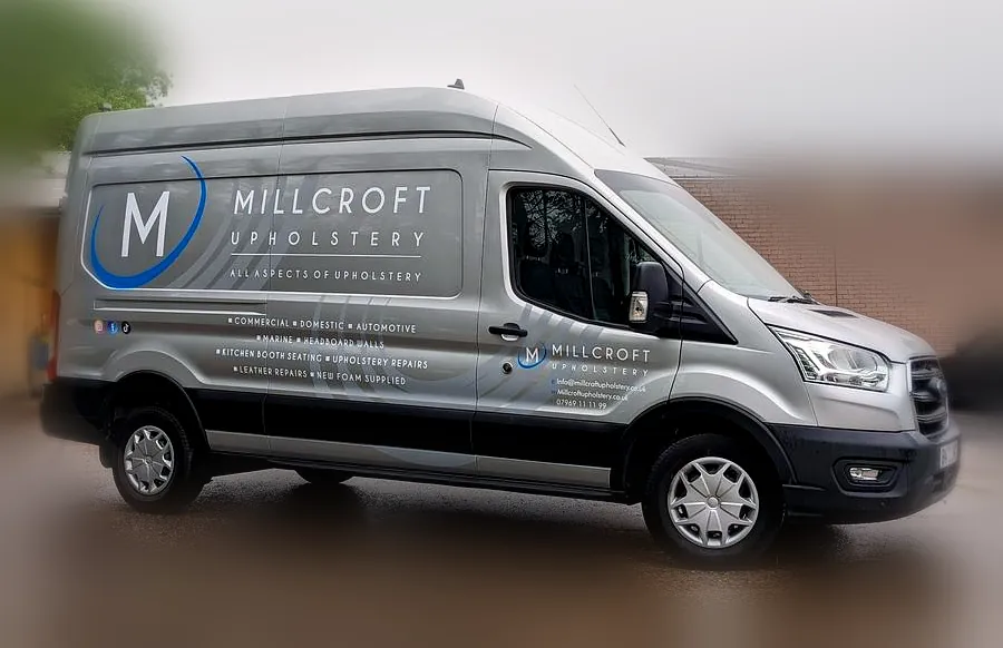 Millcroft Upholstery van wrap side view, van sign writing Fife