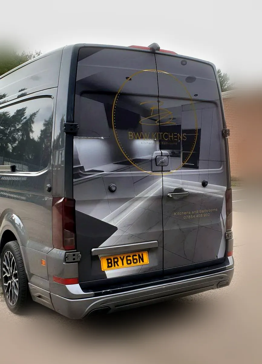 BWW Kitchens and Bathrooms van wrap rear view, commercial vehicle wraps Fife