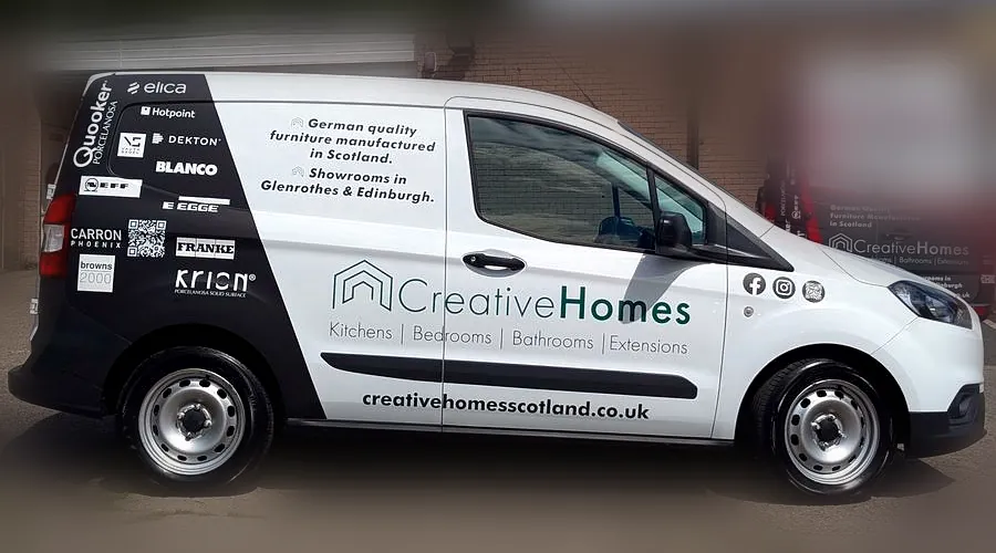 Creative Homes and GiJoinery van wraps side view, custom van wraps Fife