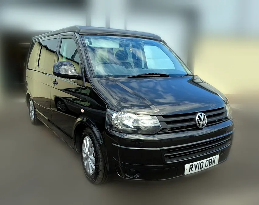 Black VW Transporter campervan front view, vinyl vehicle wraps Fife
