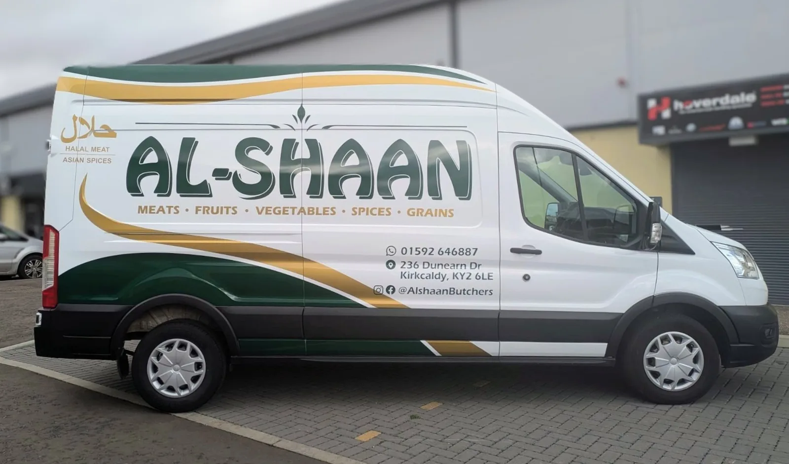 Al-Shaan halal butchers white Ford Transit van wrap side view, van wrapping Kirkcaldy Fife
