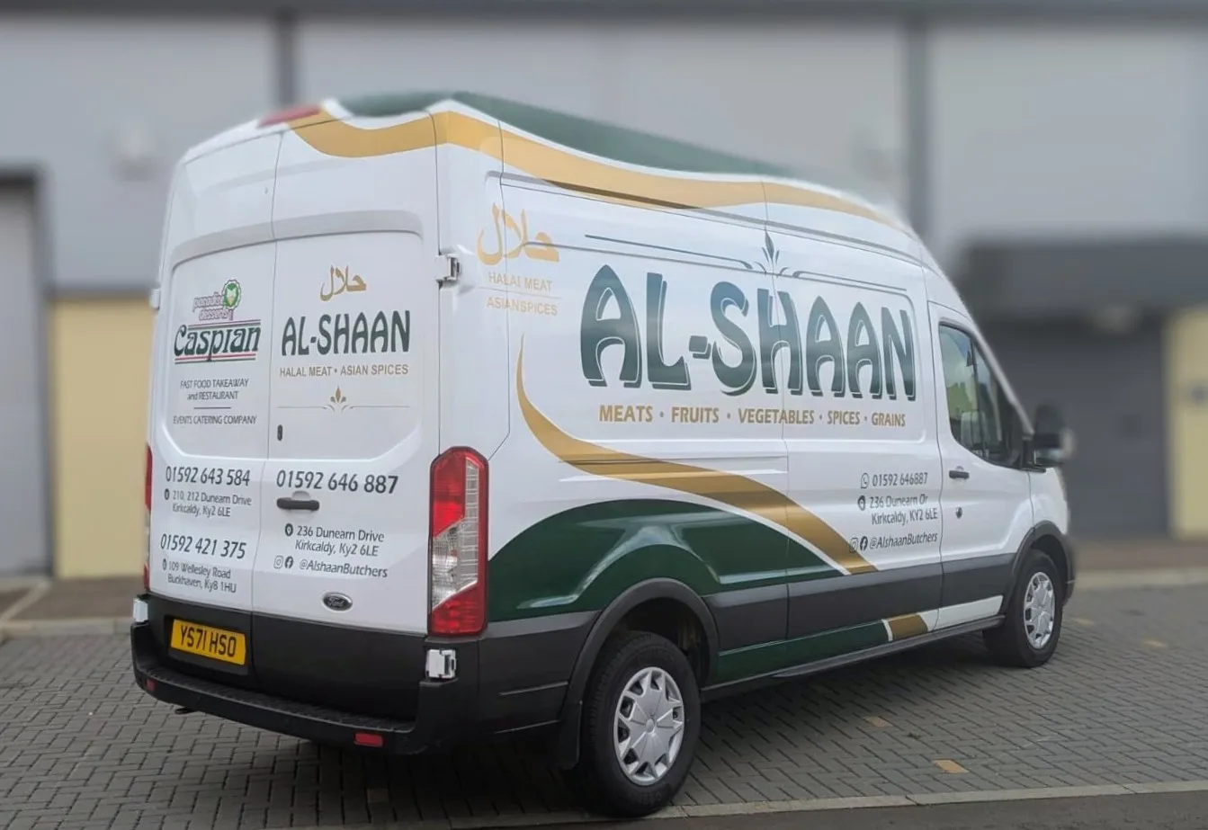 Al-Shaan halal butchers van wrap rear three-quarter view with contact details, vehicle graphics Fife