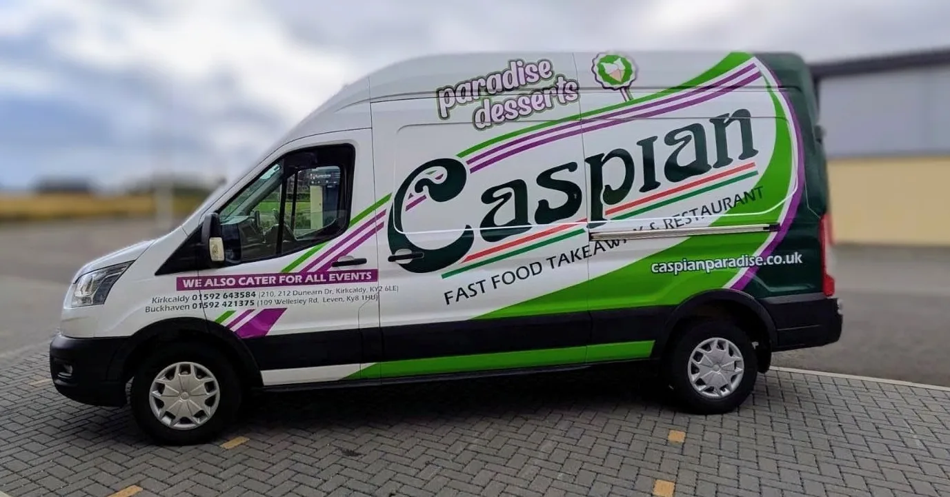 Caspian Fast Food Takeaway and Paradise Desserts van wrap side view, commercial vehicle wraps Fife