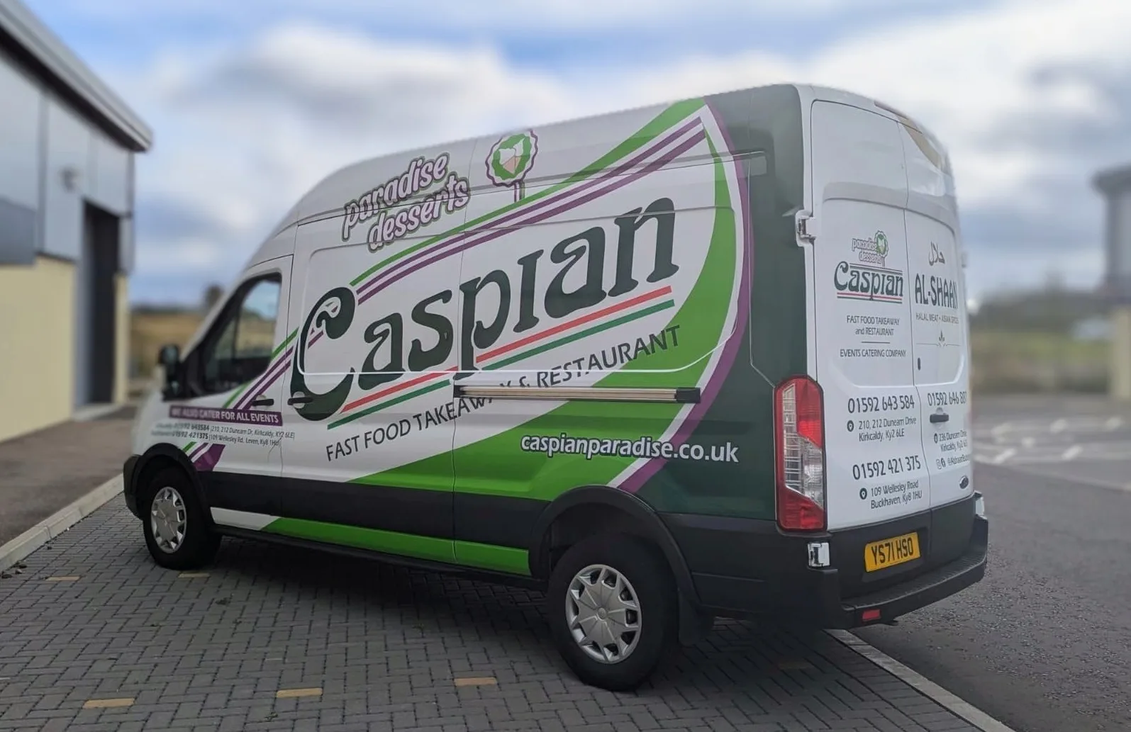 Caspian takeaway van wrap rear three-quarter view with Al-Shaan branding, fleet vehicle graphics Fife